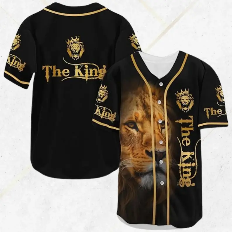The King Lion Baseball Jersey Shirt – Black Gold Piping, Crowned Lion Face Front, The King Text Sleeves, Royal Streetwear Gift for Fans