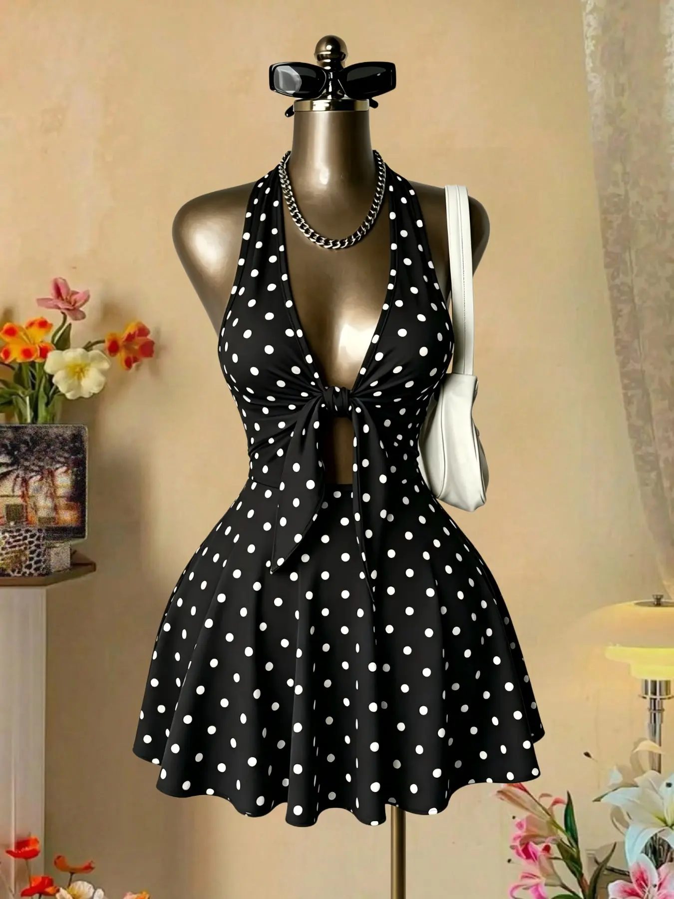 Sexy Halter Deep V Neck Hollow Out A-Line Dress, Summer Streetwear Short Dress, Trendy Single Piece, Perfect for Casual