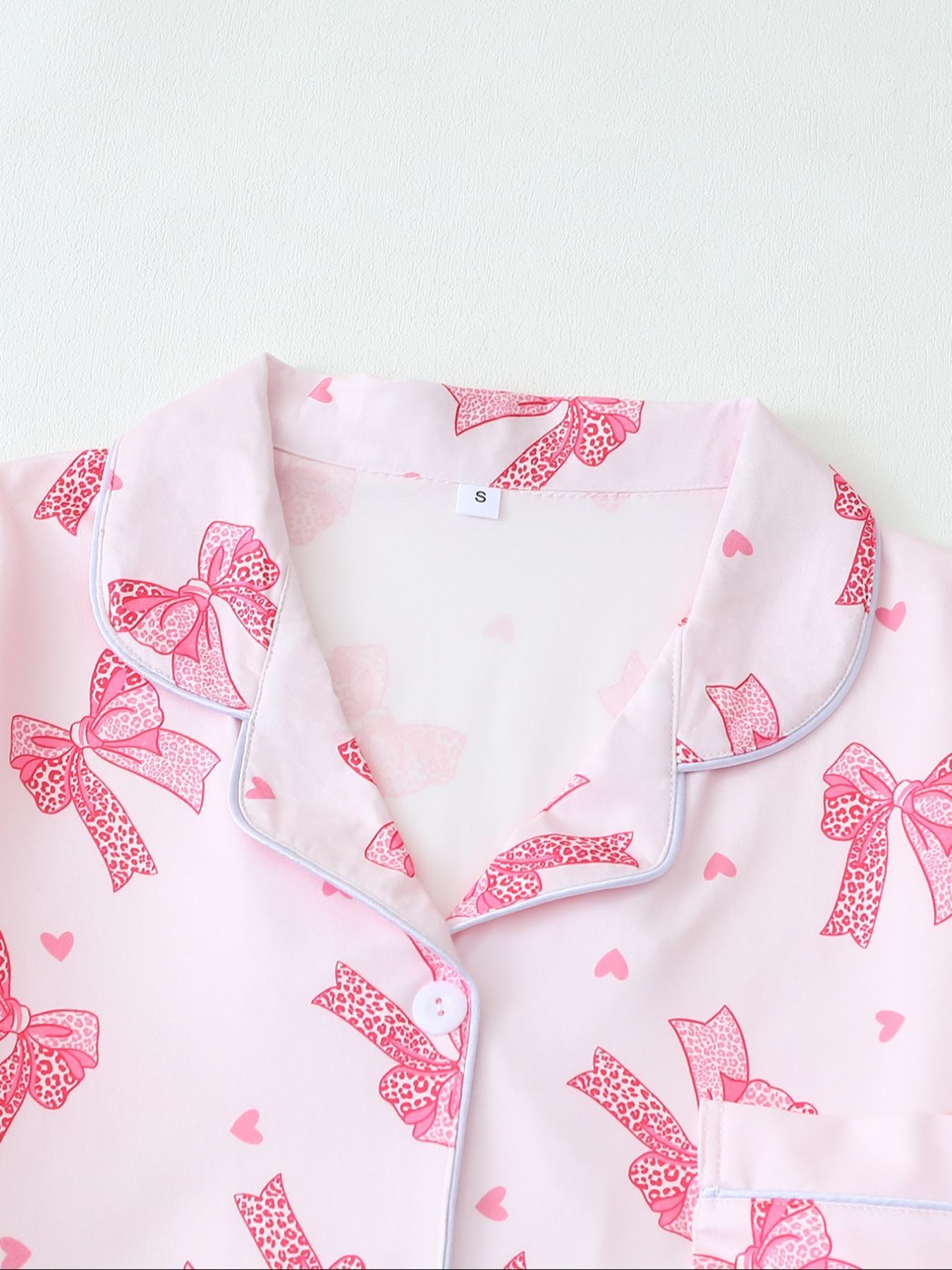 Women's Leopard Print Fitted Pajama Set with Bow Tie, Short Sleeve Shirt and Long Pants for All Seasons, Comfortable Casual Sleepwear