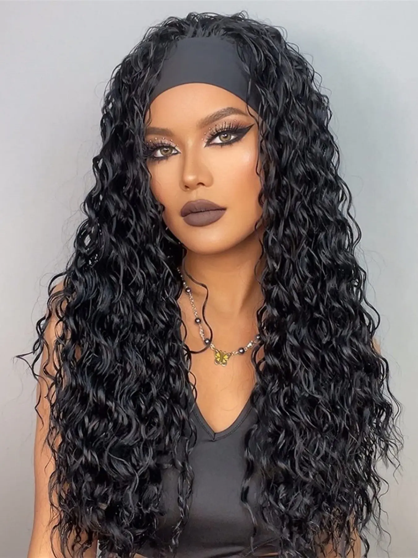 Curly Headband Style Wig Loose Water Wave Headband Wigs None Lace Wig Glueless for Women Curly Hair Wigs Synthetic Curly Wavy 150% Density Natural Color 26 inch (1B）