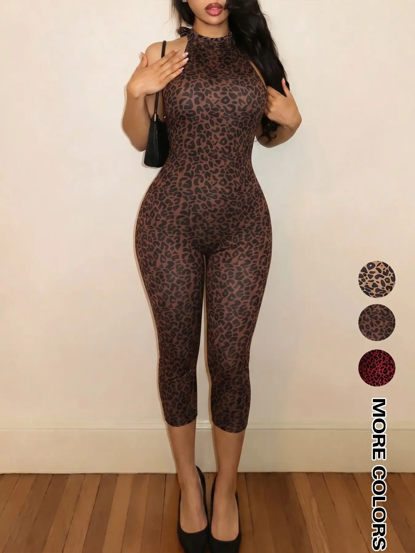 Women's Sexy Mesh Leopard Print Halter Neck Backless Jumpsuit, Sleeveless High Waist Bodycon Jumpsuit, Fashionable Summer Womenswear Clothing