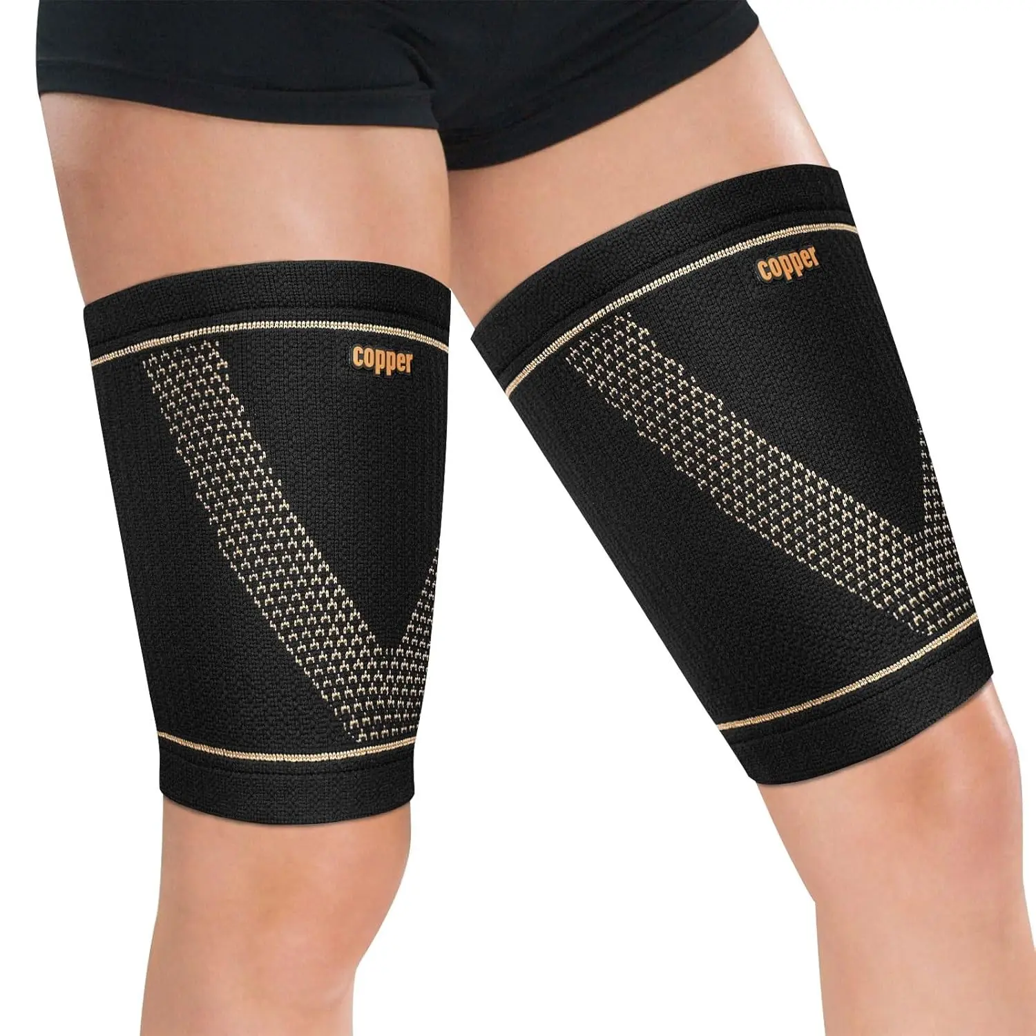 Hamstring Compression Sleeve (Pair) – Copper Thigh Support for Women & Men Relieve Groin Pull (Black, Medium)