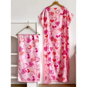 Women’s Heart Print Robe Set – Long Moomoo Dress with Headscarf, Satin Silk Beach Sun Protection Outfit