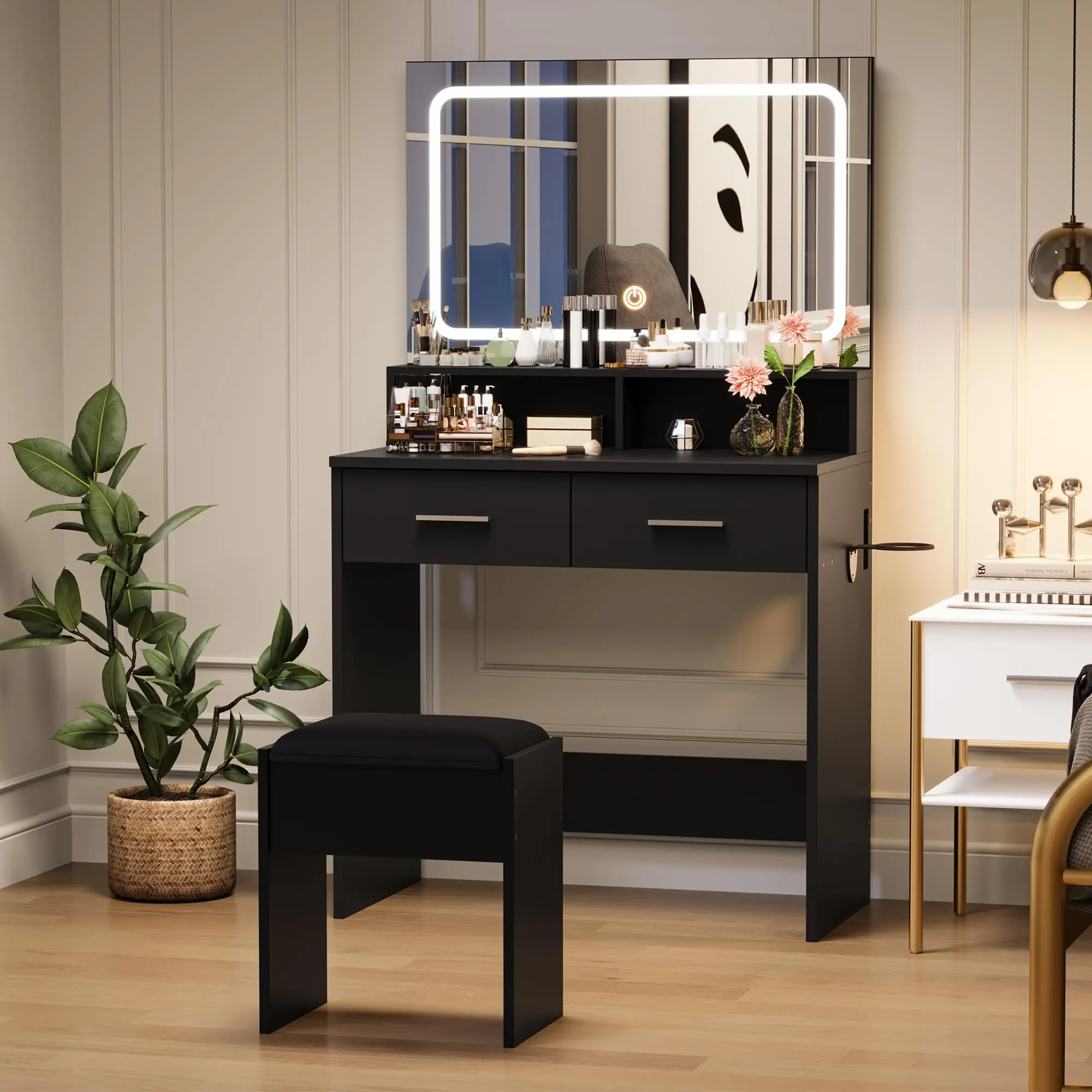 Modern Makeup Vanity Set with Adjustable 3-Color LED Mirror, Built-in Power Outlet, 2 Drawers, Cushioned Stool, Sturdy Base, 32x16 in for Bedroom Dressing & Makeup Vanities
