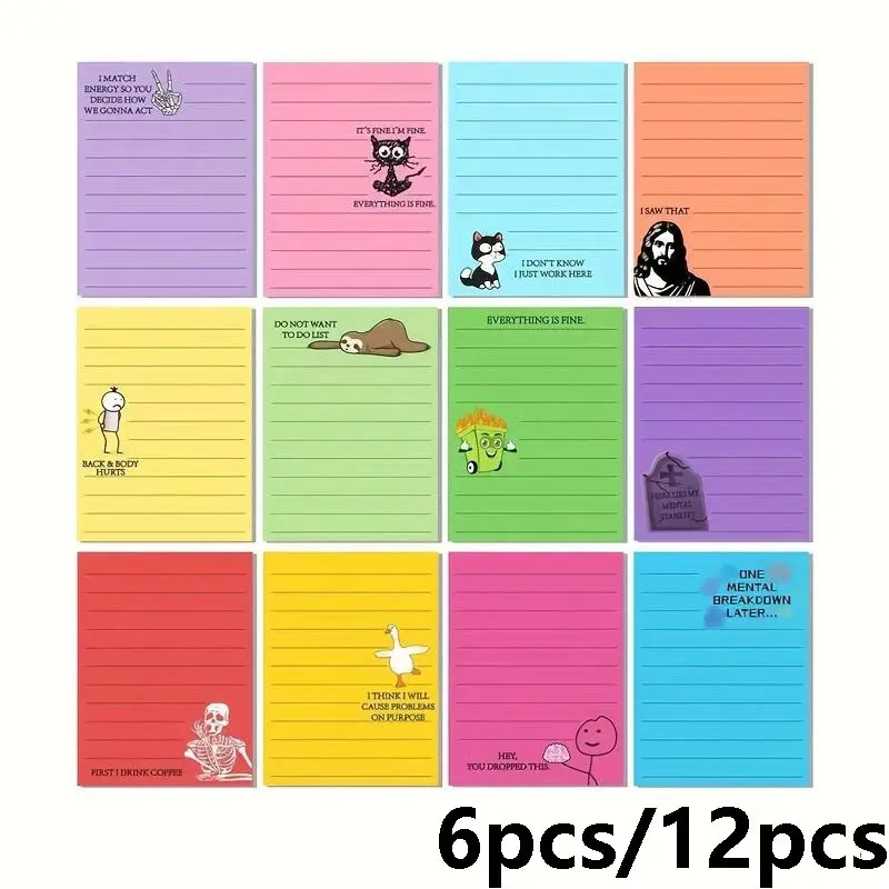 Funny Sticky Notes Set, 6/12 Pcs, Sarcastic Self-Adhesive, Ideal for Office Use, Perfect Gift for Coworkers & Employees, Office Supplies