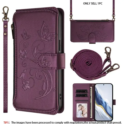 Butterfly Love Flower, Floral Embossed Design Flip Leather Zipper Crossarm Straw Multi slot Suitable for Apple Phone Case iPhone 17 16 15 14 13 Pro Max Women's Multi functional Wallet Shockproof Protection Case Holiday Gift, Casing