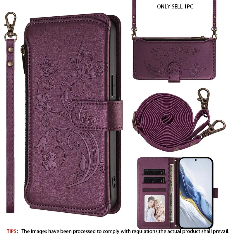 Butterfly Love Flower, Floral Embossed Design Flip Leather Zipper Crossarm Straw Multi slot Suitable for Apple Phone Case iPhone 17 16 15 14 13 Pro Max Women's Multi functional Wallet Shockproof Protection Case Holiday Gift, Casing