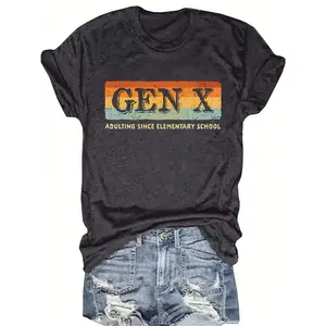 Women's Funny "Gen X Adulting Since Elementary" Graphic T-Shirt - Black Casual Lady Streetwear Clothes, Retro 90s Nostalgia, Classic Round Neck, Lightweight All-Season Top for Office & Lounge Wear