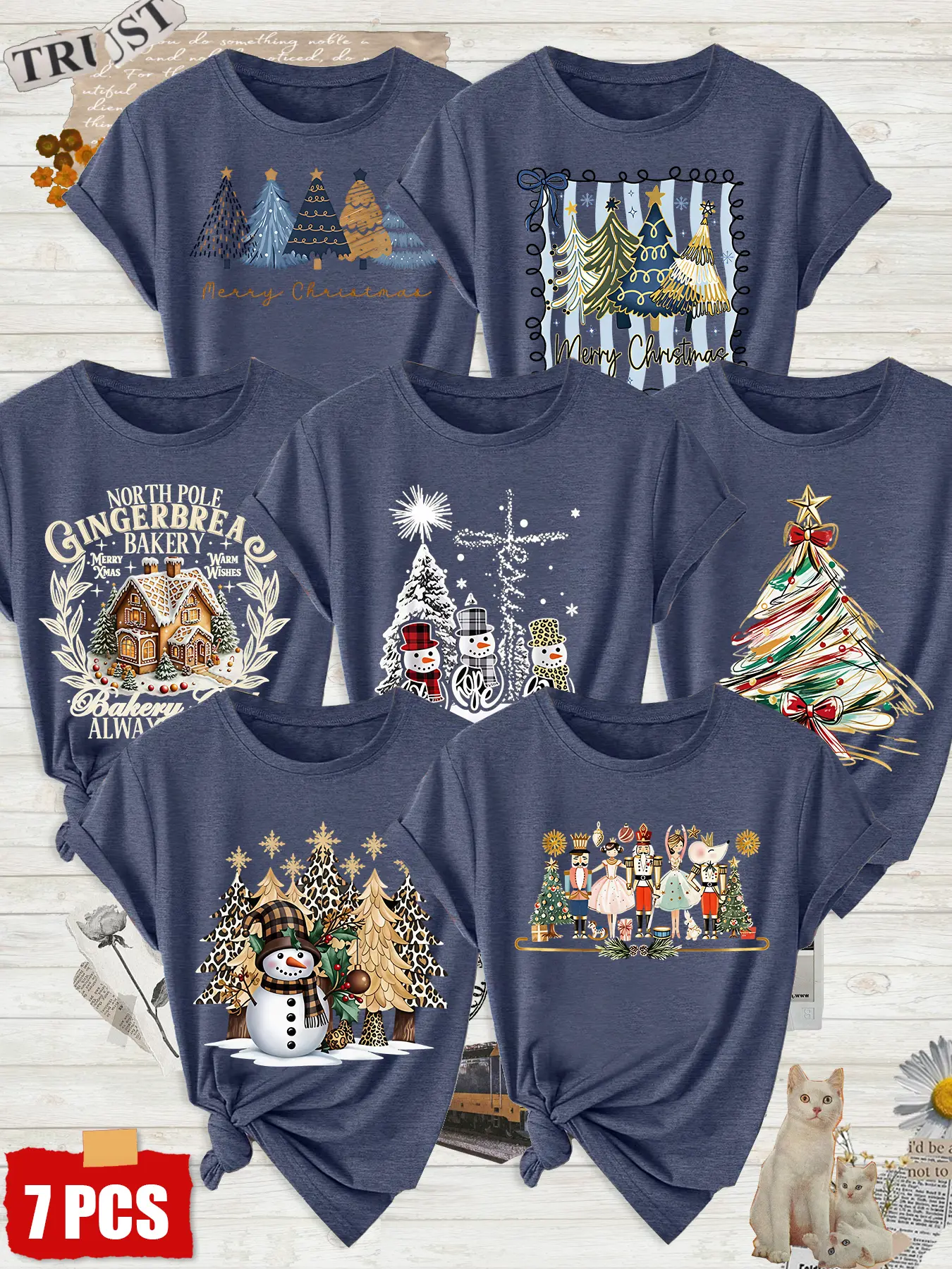 7Pcs Women Crew Neck T-Shirt, Gingerbread House Nutcracker Classic Christmas Print, Multi-color Available, Machine Washable, Soft Skin-friendly Spring Summer Daily Stylish Top