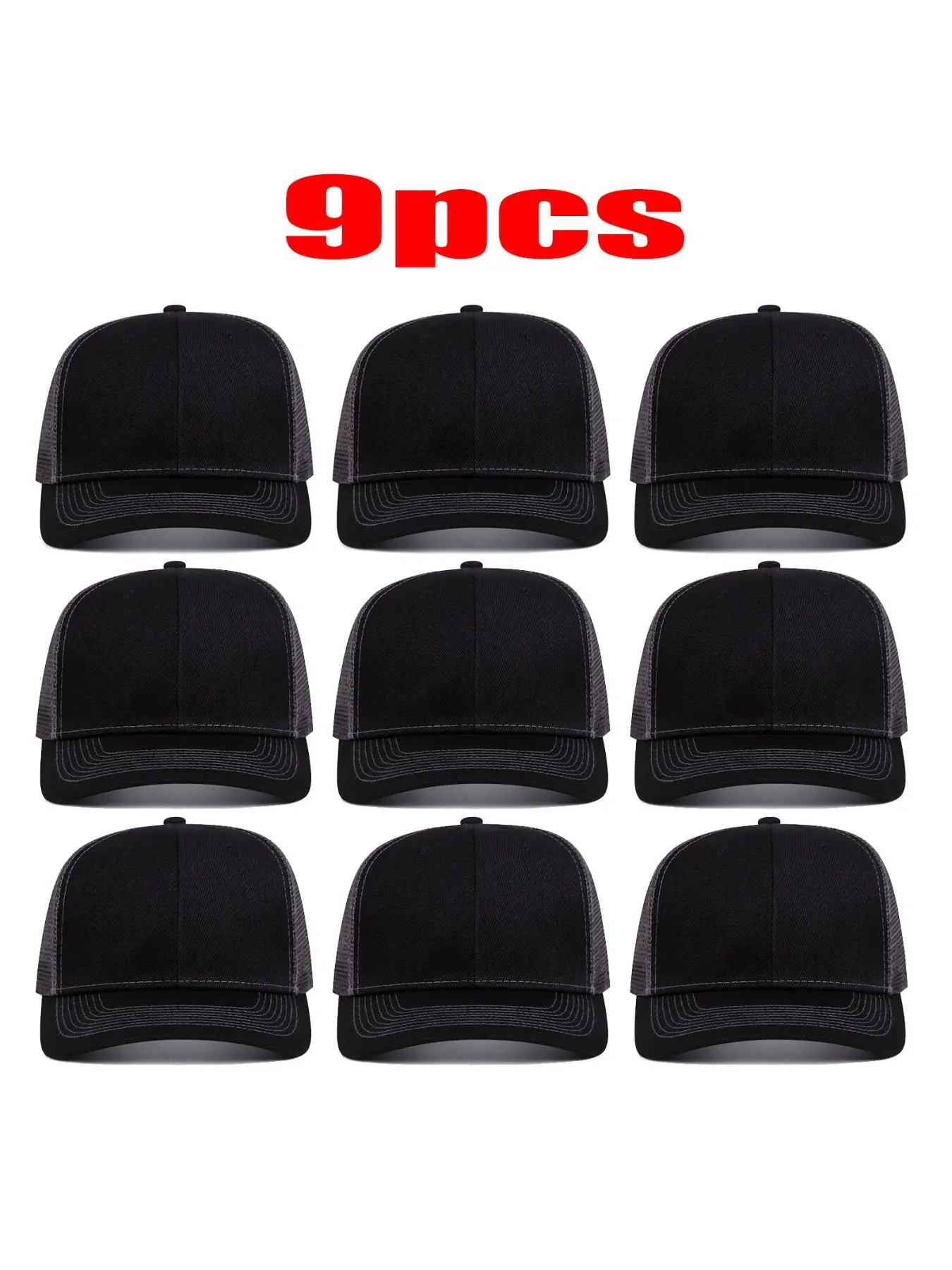 9 Pcs Blank Trucker Hats Bulk Set, Plain Black Mesh Back Baseball Caps For Men Women, Premium Custom DIY Sublimation Printing Hat, Casual Summer Outdoor, Adjustable Trucker Cap