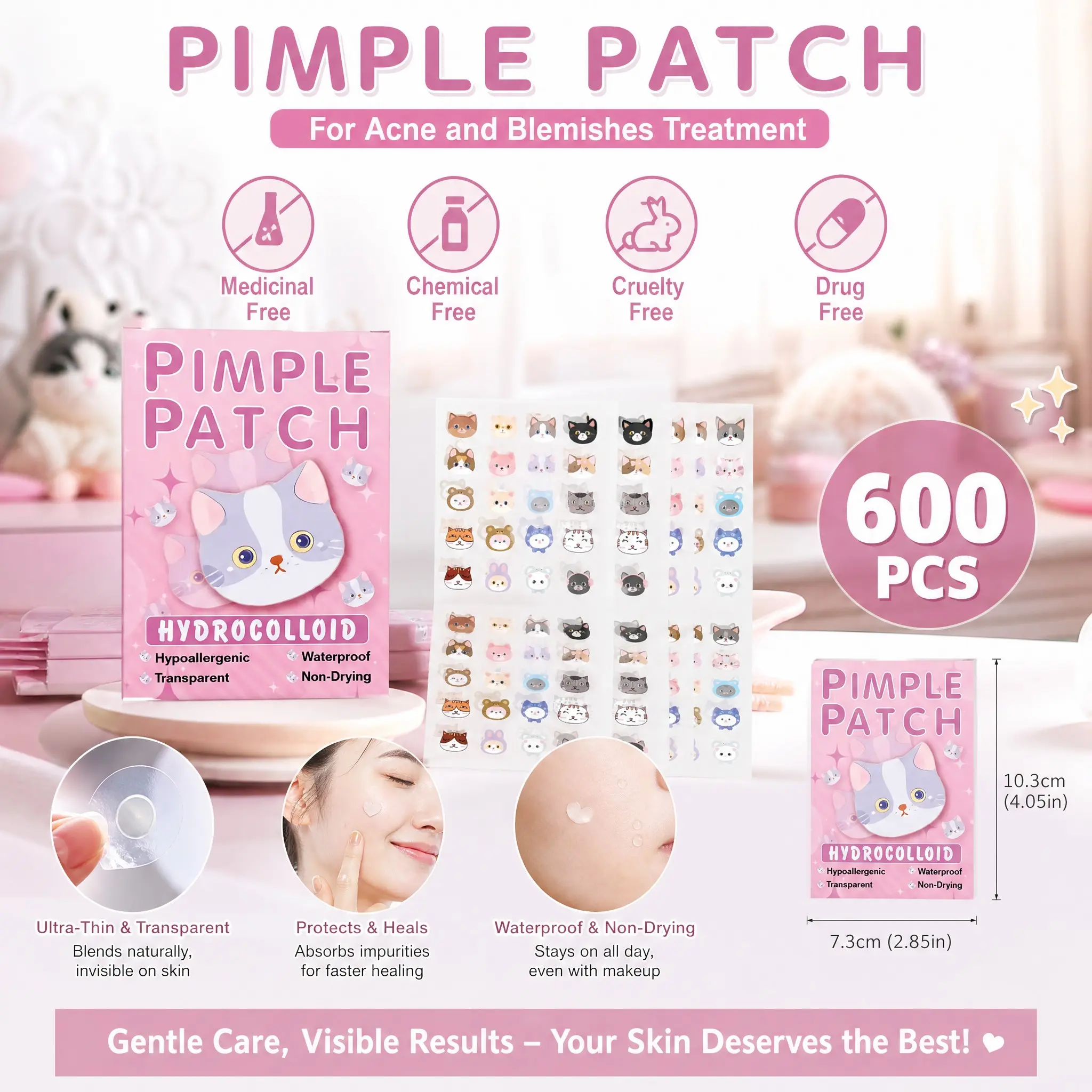 Cute Cat Pimple Patches 600pcs, Hydrocolloid Acne Absorbing Stickers, Invisible Waterproof Blemish Spot Dots for All Skin Types