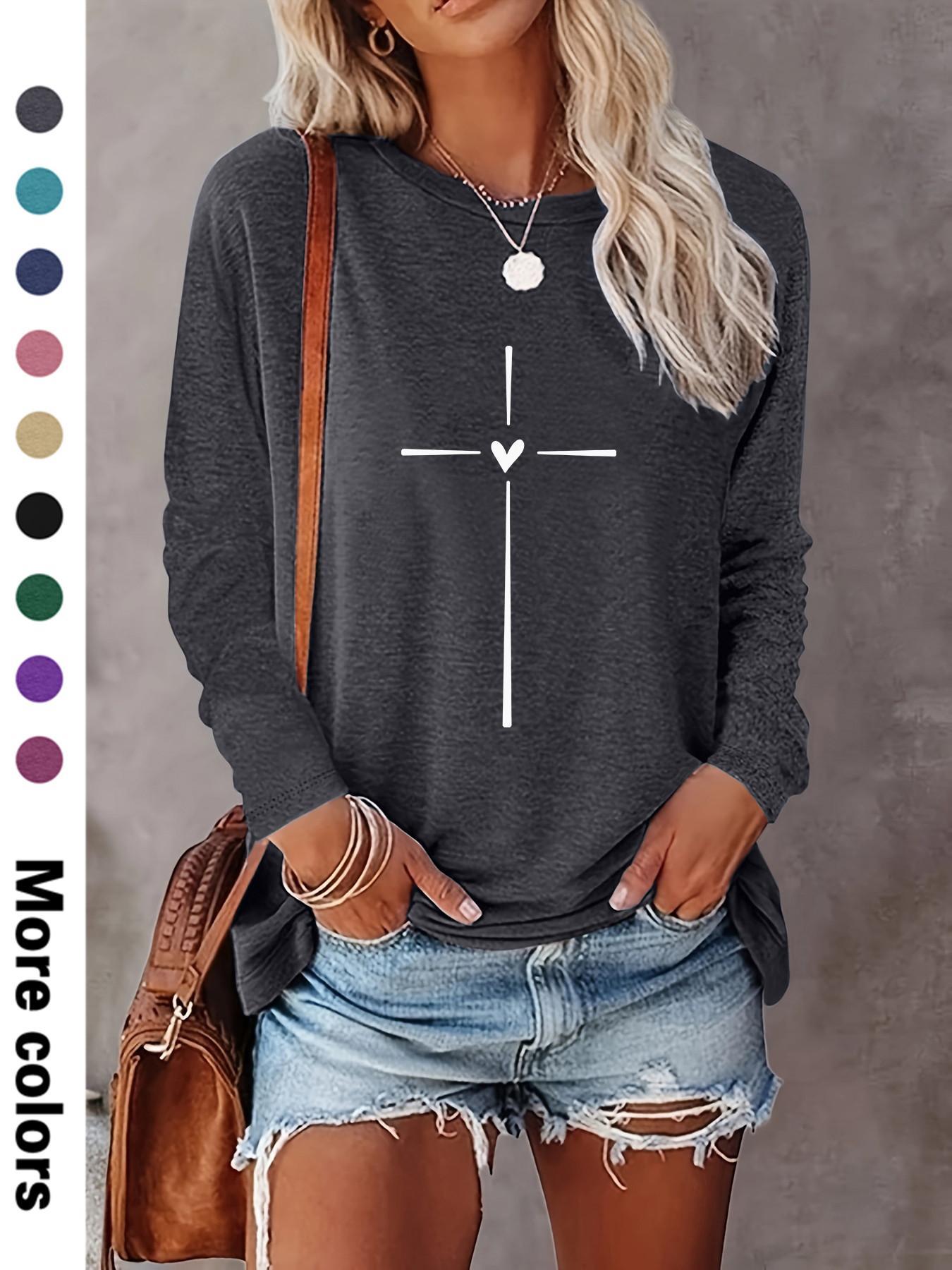 Women's Heart & Cross Print Round Neck Tee, Casual Long Sleeve Fitted Crew Neck T-shirt for Spring & Fall, Fashion Women's Top for Daily Wear Womenswear