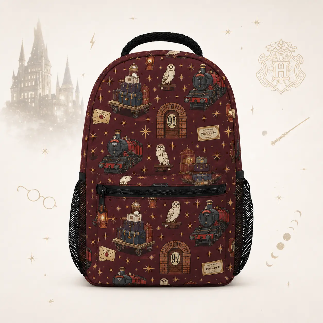 Harry Potter Burgundy Platform 9¾ Backpack, Magical School Bookbag with Front Zipper Pocket, Mesh Side Pockets & Adjustable Straps for Kids Teens shopping