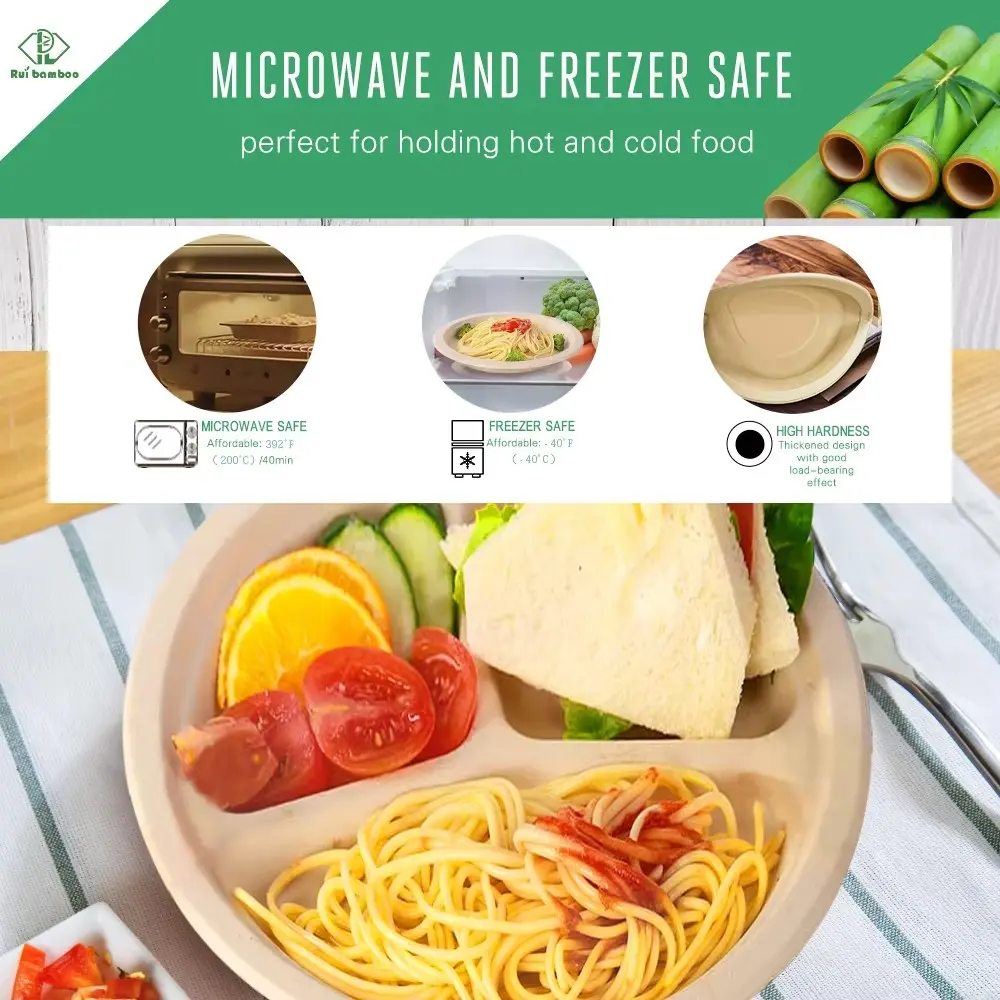 Rui Bamboo 50 & 100 Pcs 9 Inch 3 Compartment Plates, Disposable Bamboo Fiber Divided Food Trays, To Go Plates Bulk Party Supplies for Hot & Cold Meals, Takeout Lunch Platters (9 INCH)