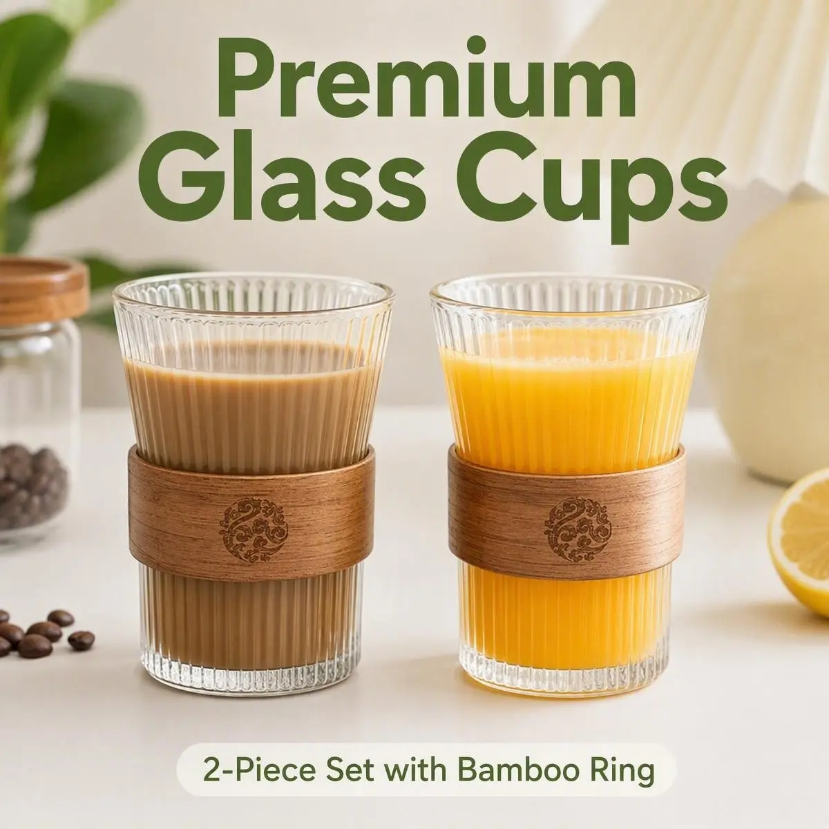 2-Pack 320ML Glass Tea Cups with Heat-Resistant Bamboo Sleeve, Essential Home Glassware for Beer, Cocktails, Tea, and Latte