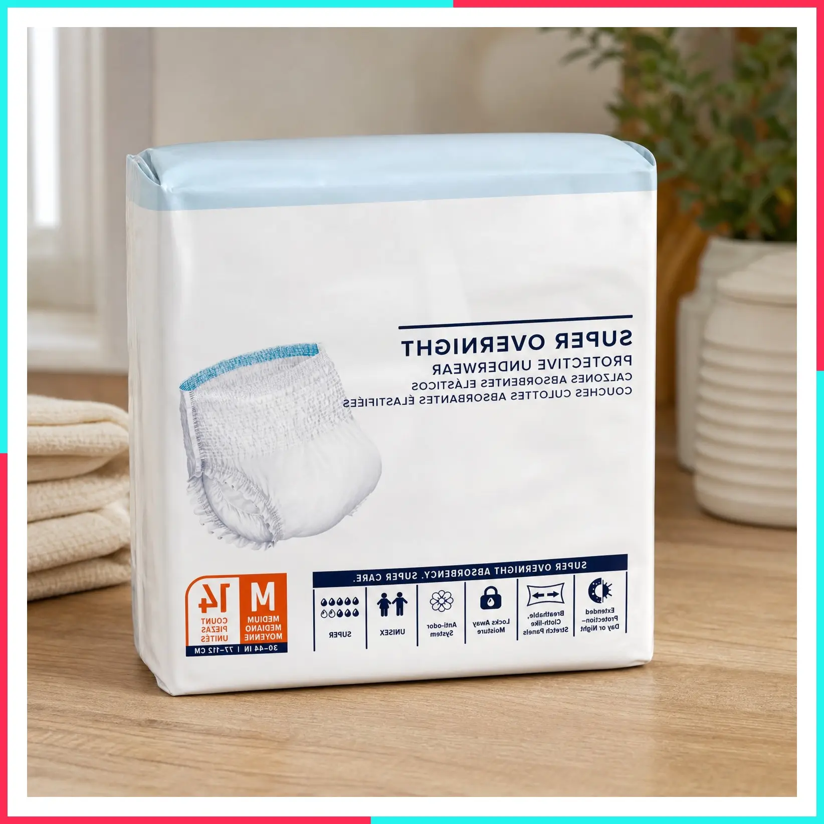 Super Soft Cloth-Like Overnight Adult Diapers, Disposable Incontinence Underwear, Medium (Pack of 14)