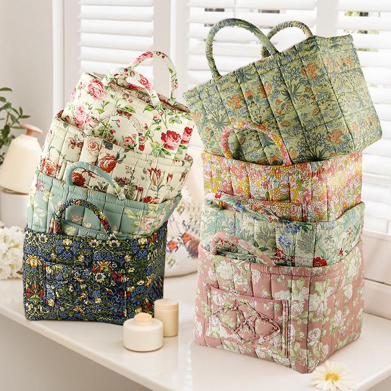 Floral Pattern Collapsible Storage Basket with Handle Home Organizer Bin for Living Room Bedroom Dorm Office Foldable Storage Box for Massager Headphones Toys Clothes 1 Pack