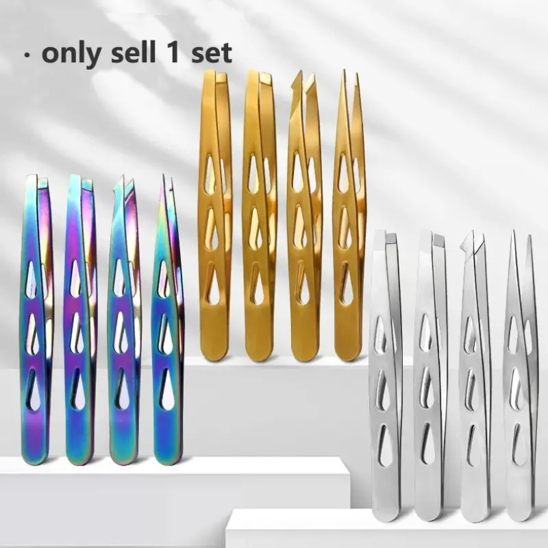 4pcs Set Stainless Steel Eyebrow Tweezers, Pointed Tip Oblique Mouth, Beard Tweezers, Portable Multifunctional, Beauty Tools, Makeup Tools