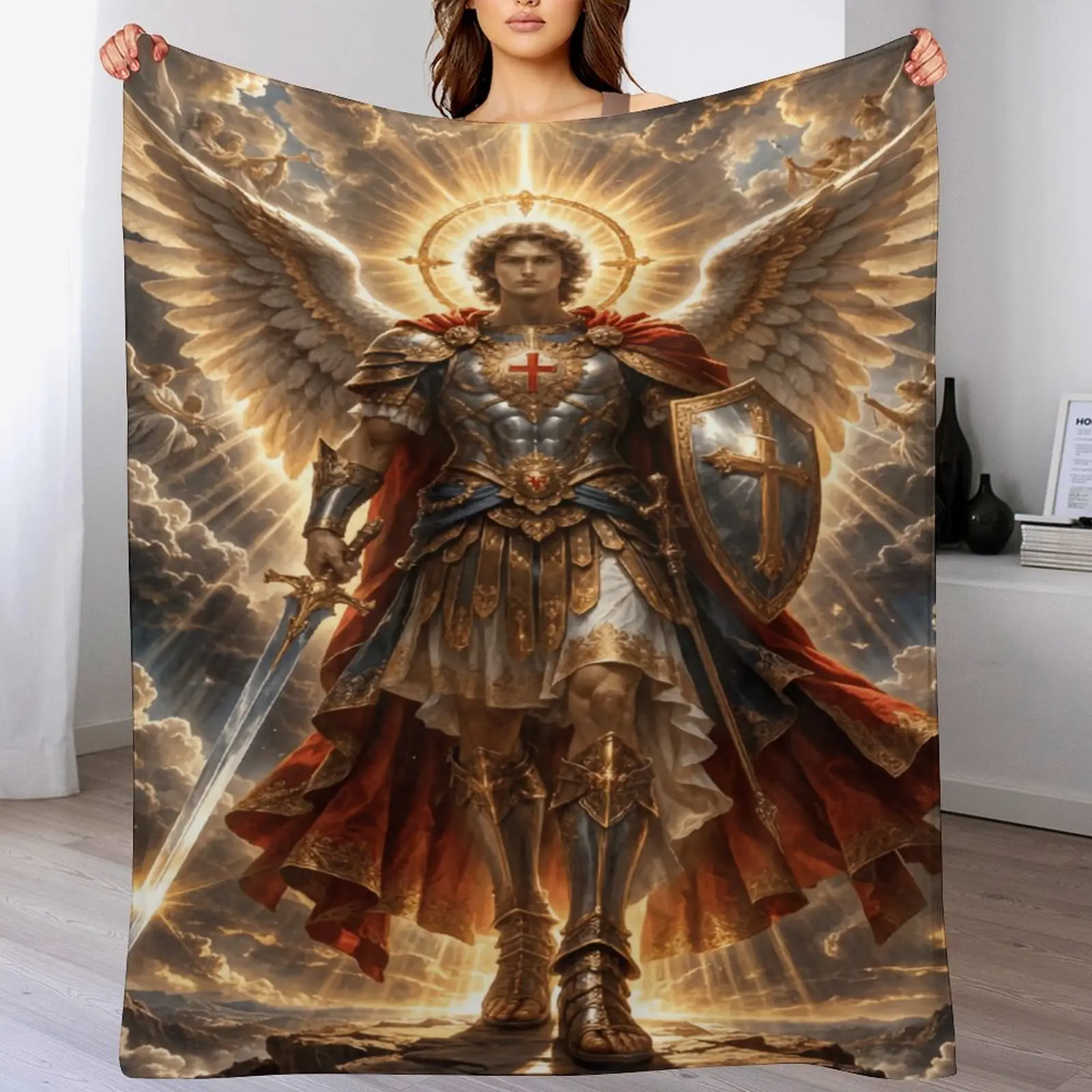 Archangel Michael Christian Blanket – Divine Warrior Angel of God Spiritual Warfare Throw, Armor of God Protection Faith Blanket, Jesus Light Religious Gift for Men Dad Husband