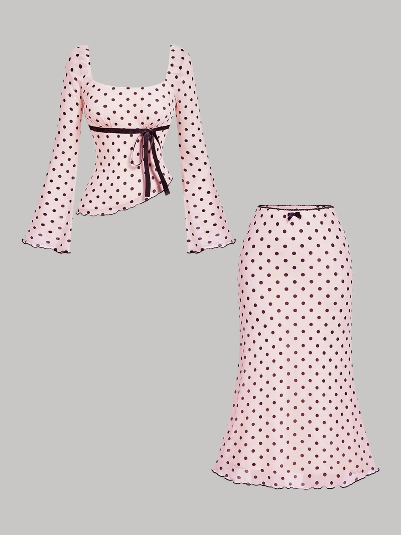 Women Polka Dot Print 2 Pieces Matching Set Square Neck Bow Front Flare Long Sleeve Asymmetric Hem Top And Fish Tail Maxi Skirt Elegant Outfit For Daily Dating Vacation