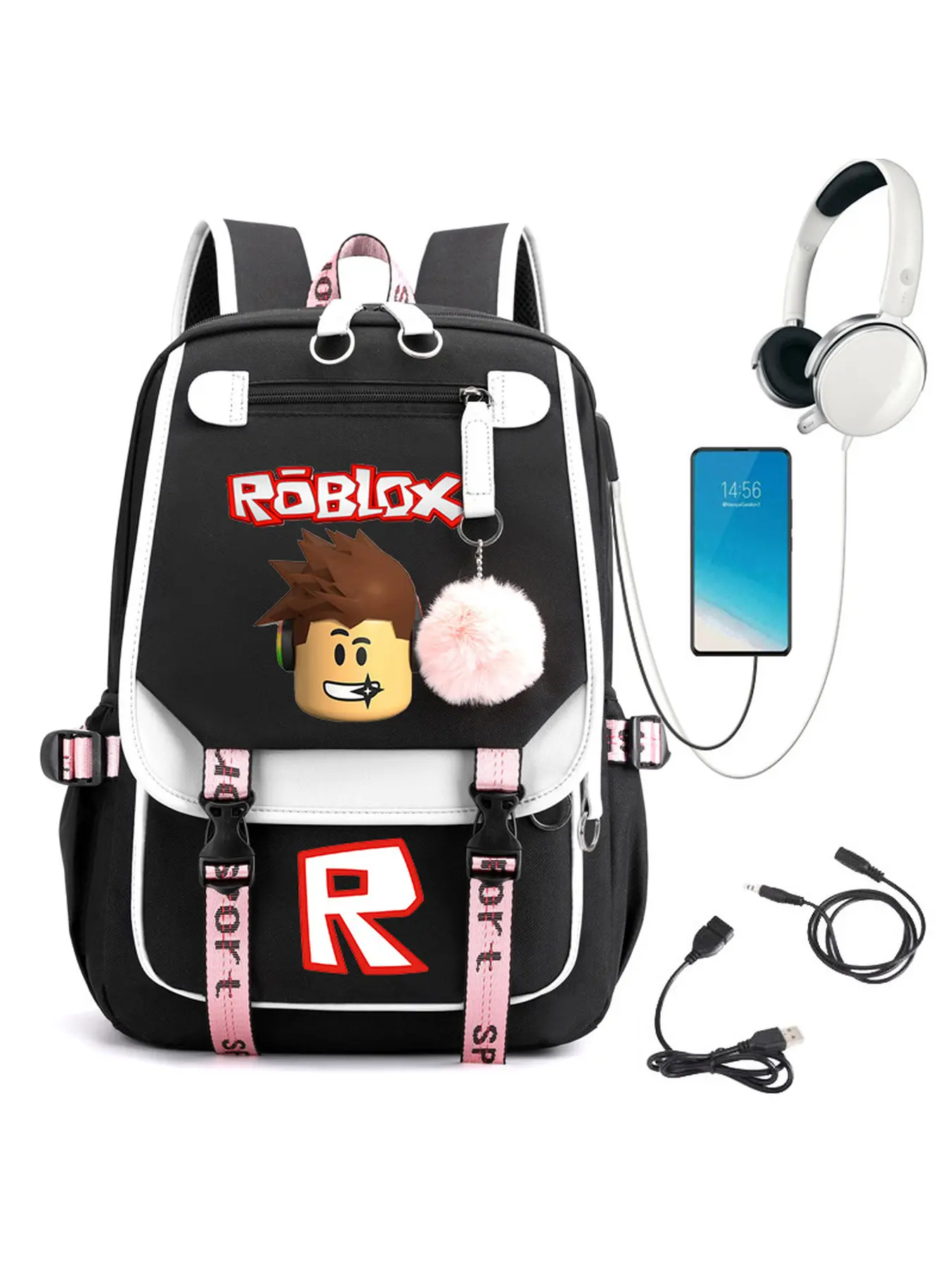 Roblox Cartoon Backpack for Teen Girls Cute Pom Pom Charm USB Charging Port School Laptop Bag Back To School Travel Daypack