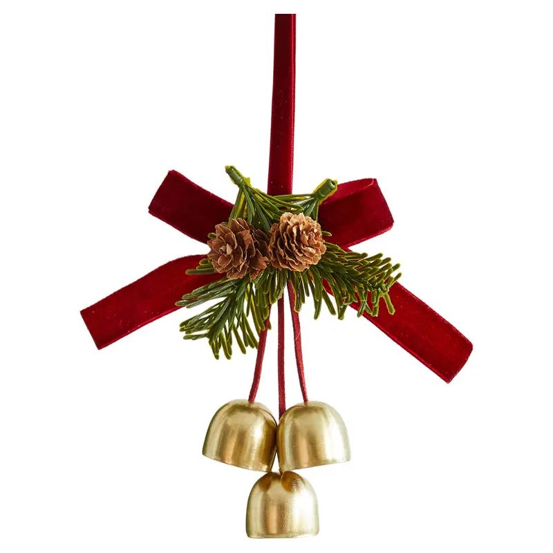 Christmas Tree-Door Hang Ornament Set, Fashion Accessory with Velvet Bow, Artificial Pine Sprigs, Pinecones, Jingling Metal Bells, Metal Fabric, Nature Charm & Plain Look, Lightweight Festive Pendant for Indoor Holiday Decor
