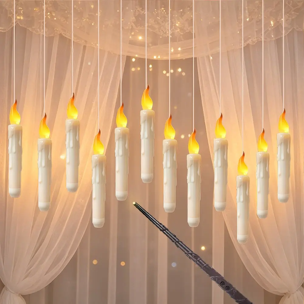 12pcs Hanging Candles Floating Candles with Wand, Flameless Candles with Magic Wand Remote, Flickering Warm Light LED Candle, Battery Operated Taper Candle Set for Party Church Wedding