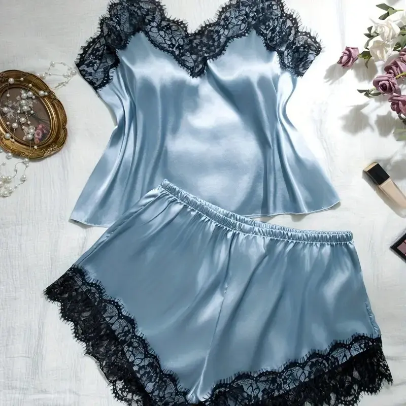 Women's 2-Piece V Neck Cami Pajama Set - Satin Lace Sleepwear with Shorts, Soft Silky Luggage Bag Charm Twilly Loungewear for Home & Sleep, Cami Top, Lace Trim, Women's Clothes, Home Wear, Spaghetti Strap, Basic, Slip-On Shorts, Minimalist