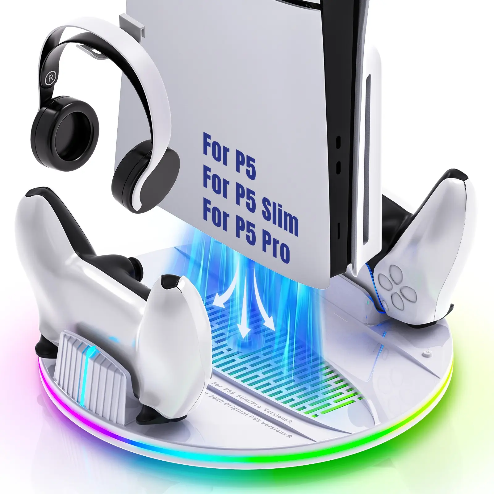 PS5 Stand and Cooling Station Accessories with Dual Controller Charger, Compact RGB Vertical Stand Compatible with PS5 Original/Slim/Pro Disc and Digital Editions, 3-Level Cooling Fan, Headset Holder, Game Disc Storage, White