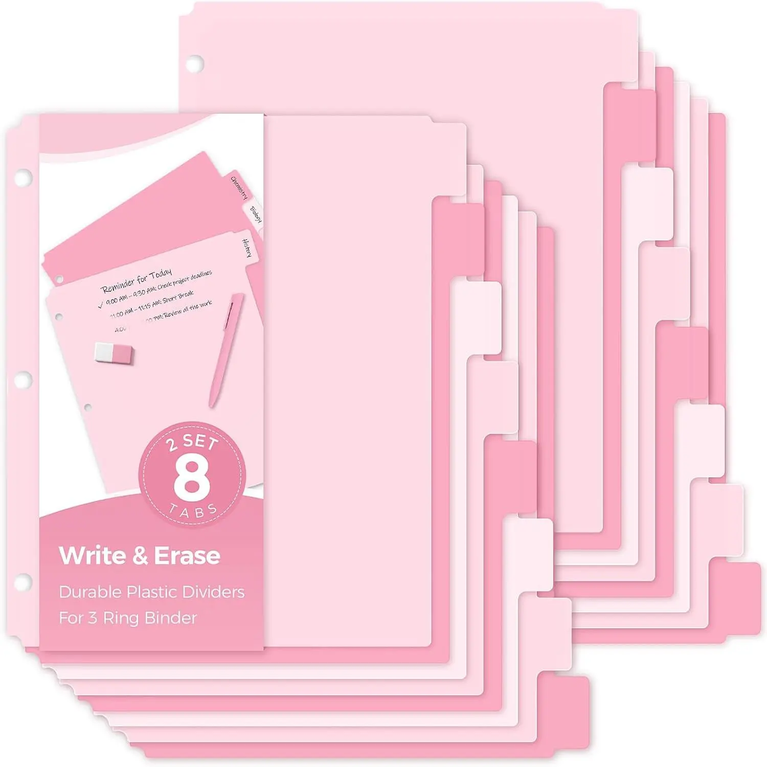 Binder Dividers with Tabs for Letter Size, 8-Tab Write & Erase Plastic Dividers for 3 Ring Binder, Writable &  Binder Dividers for School, Office and
