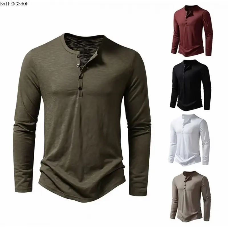 2026 Men's Polyester Basic Long-Sleeve Collared Neck Henley Pullover - Plain Stand Collar, Open Line Button Placket, Muscle Fit Base Layer, Versatile Casual Layering Top for Daily Outdoor Wear, Fashion