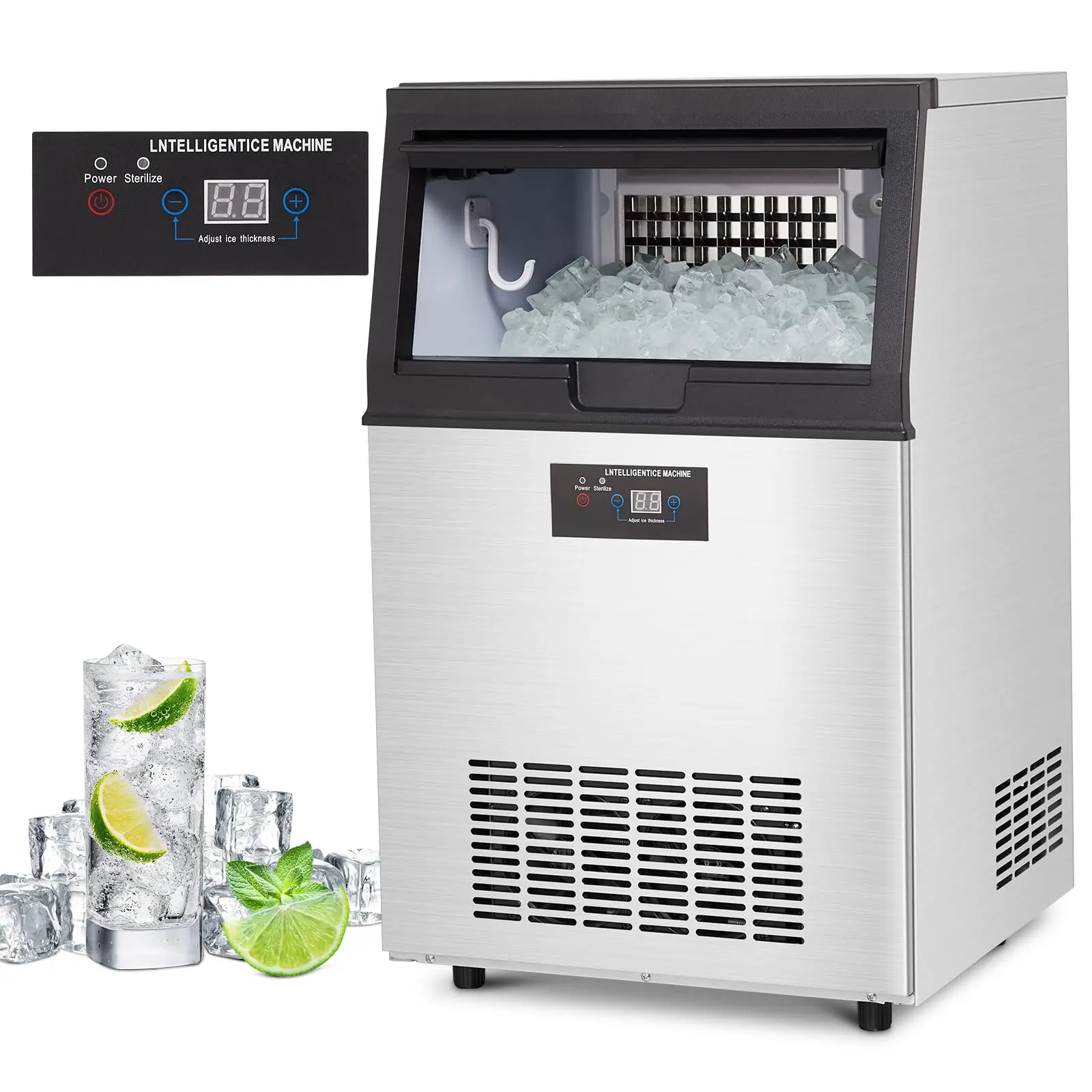 High-Efficiency Ice Maker Machine for Home & Commercial – Reliable Performance – 90lbs/24H Production – 30lbs Storage – Stainless Steel – Under Counter or Freestanding