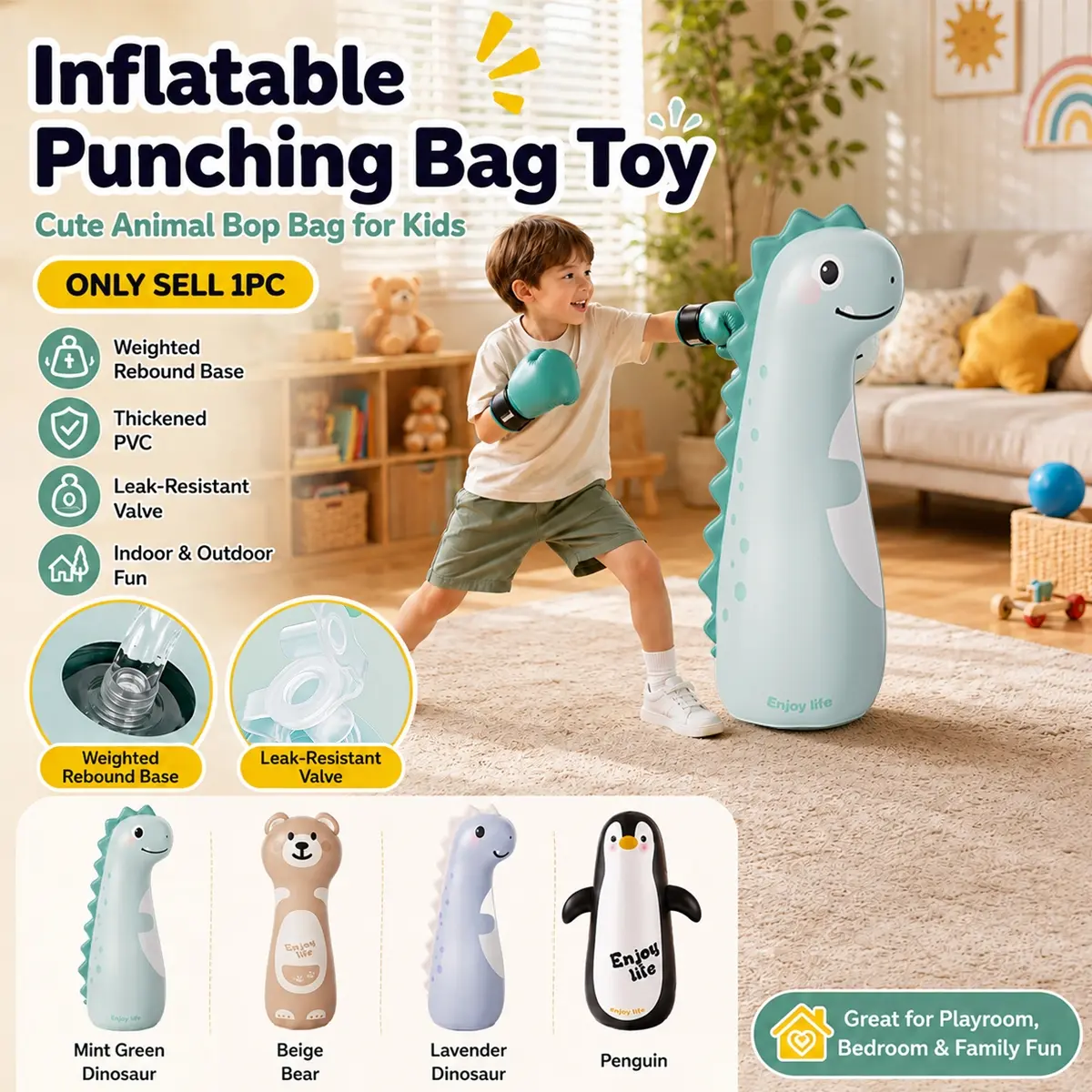 Kids Inflatable Punching Bag, 47in Cartoon Animal Freestanding Boxing Bag with Thickened PVC, Rebound Standing Design, Easy Fill Base, Indoor Outdoor Exercise Training Equipment for Boys Girls, Parent-Child Fitness for Home & Backyard