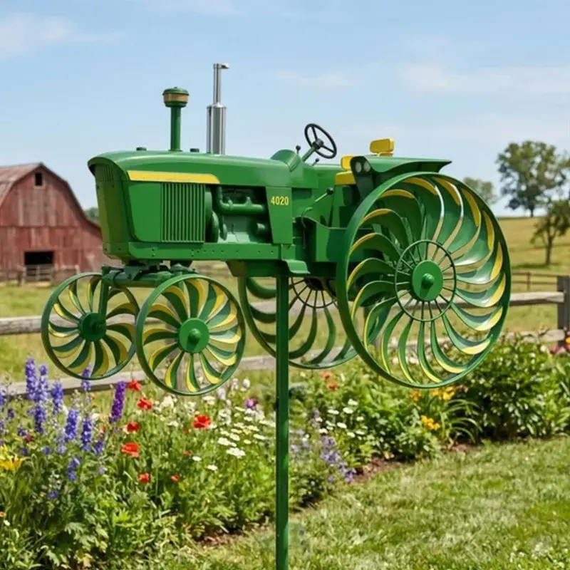 Garden Windmill Turntable - Green tractor-shaped windmill pile with rotating wheel, suitable for courtyard, lawn, garden, unique outdoor sculpture decoration, Garden Ornament, is the perfect gift for relatives and friends