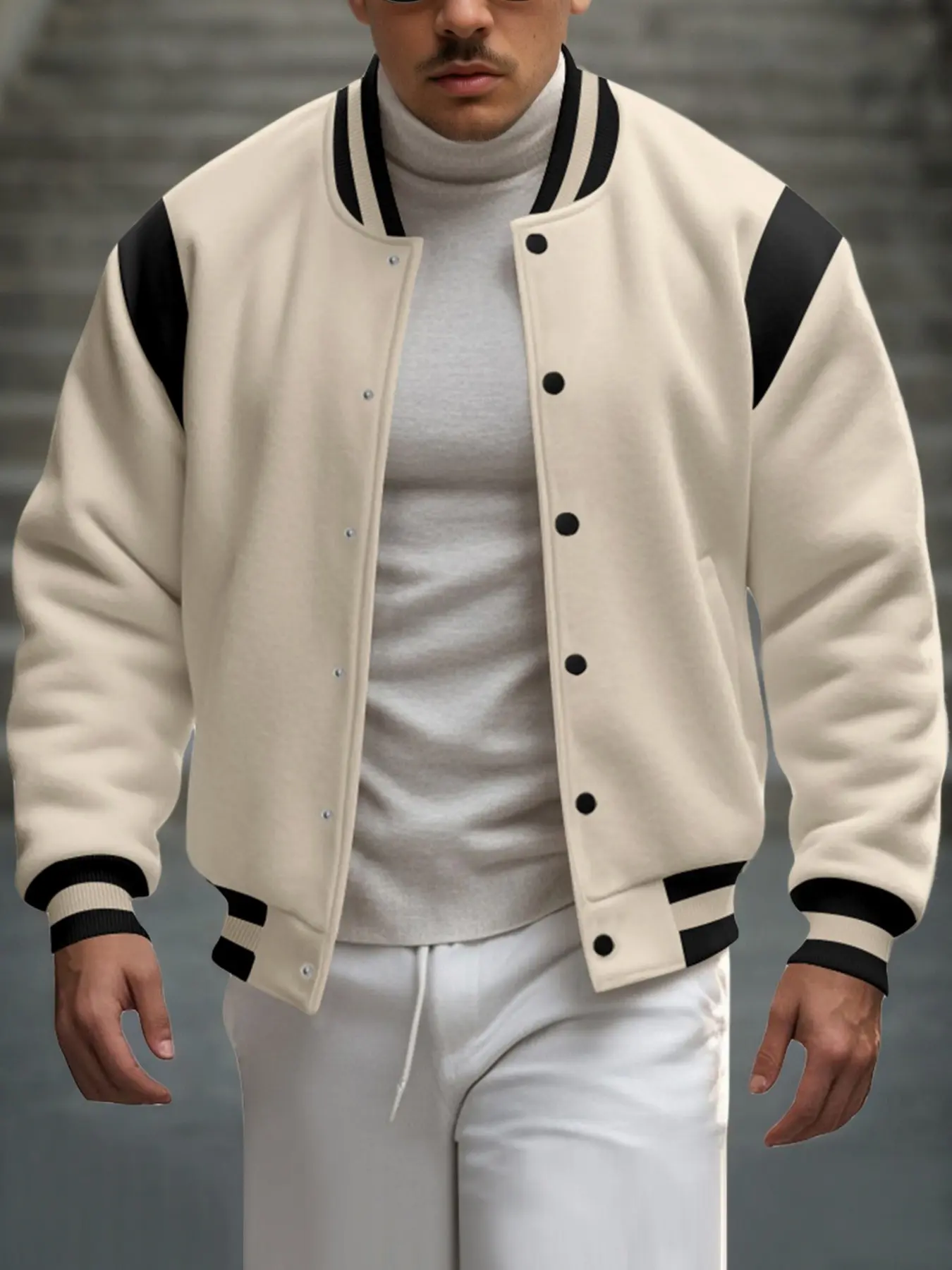 Men's Two-Tone Color Block Varsity Jacket Soft Fleece Lined Baseball Bomber Coat Striped Collar Cuff Casual Streetwear Outerwear For Autumn Winter Daily Wear Aesthetic