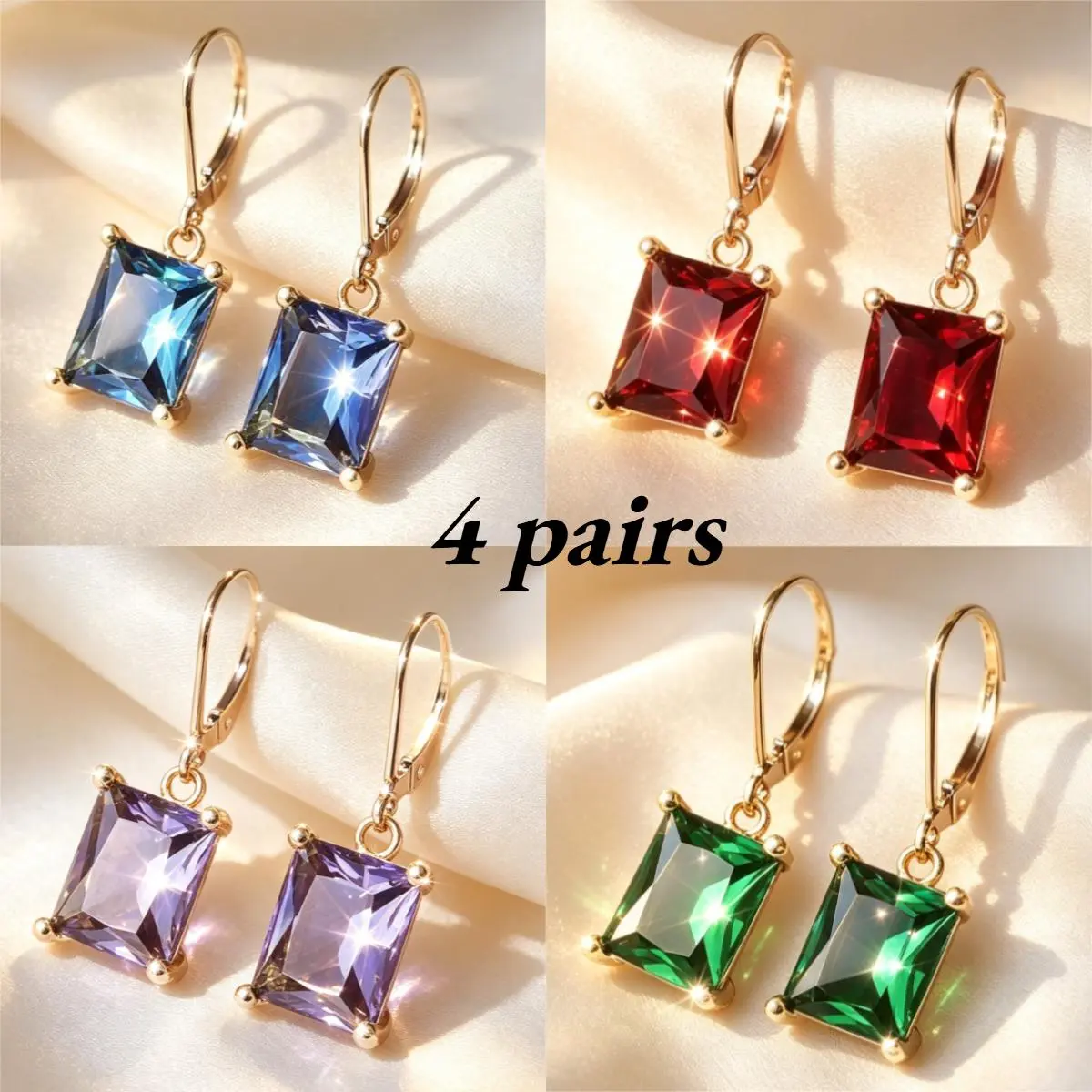 Women's 4-Pair Casual Style Rectangle Colorful Drop Dangle Earrings Set - 4-Prong Square-cut Crystal Copper Alloy Lead-free Hook Back Earrings for Adults, Ideal for Daily Wear & Birthday Jewelry, Bridesmaid, Casual Style Earrings