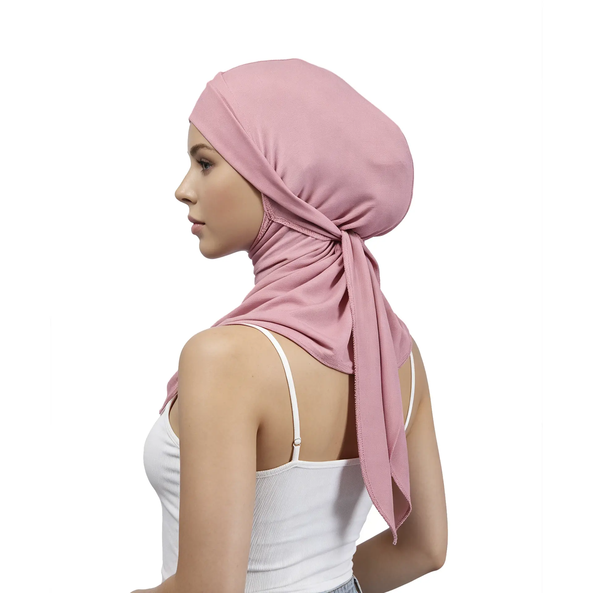 Women's One Size Soft Stretch Dusty Pink Tie-Back Inner Hijab Cap - Neck Cover Underscarf, Full Coverage Bonnet for Daily Modest Wear & Church Sports Headband, Tie Back Cap