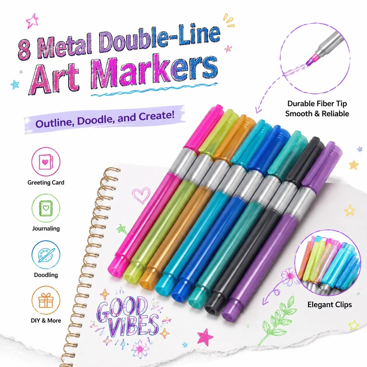 Dual-Tip Metallic Art Markers, Brush & Fine Point Pens for Scrapbooking, Card Making, Journaling. Smudge-Proof, Quick-Dry, Vibrant Colors for Outlining, Drawing & DIY Crafts.