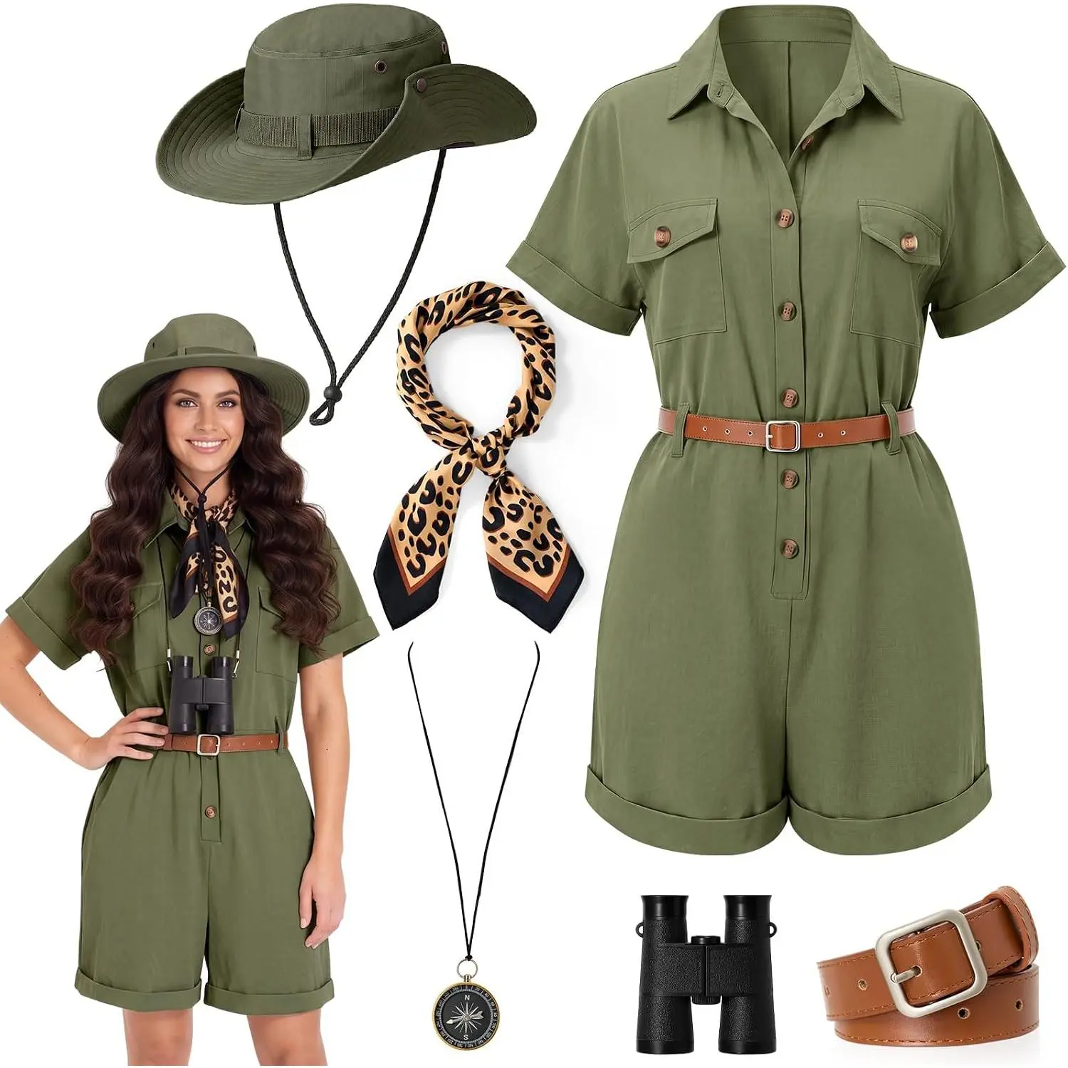 Women's 6-Piece Safari Costume Set with Adjustable Leopard Strap, Hat, Belt, Scarf, Binoculars, Compass for Zoo Keeper Party & Accessories, Elegant, Print