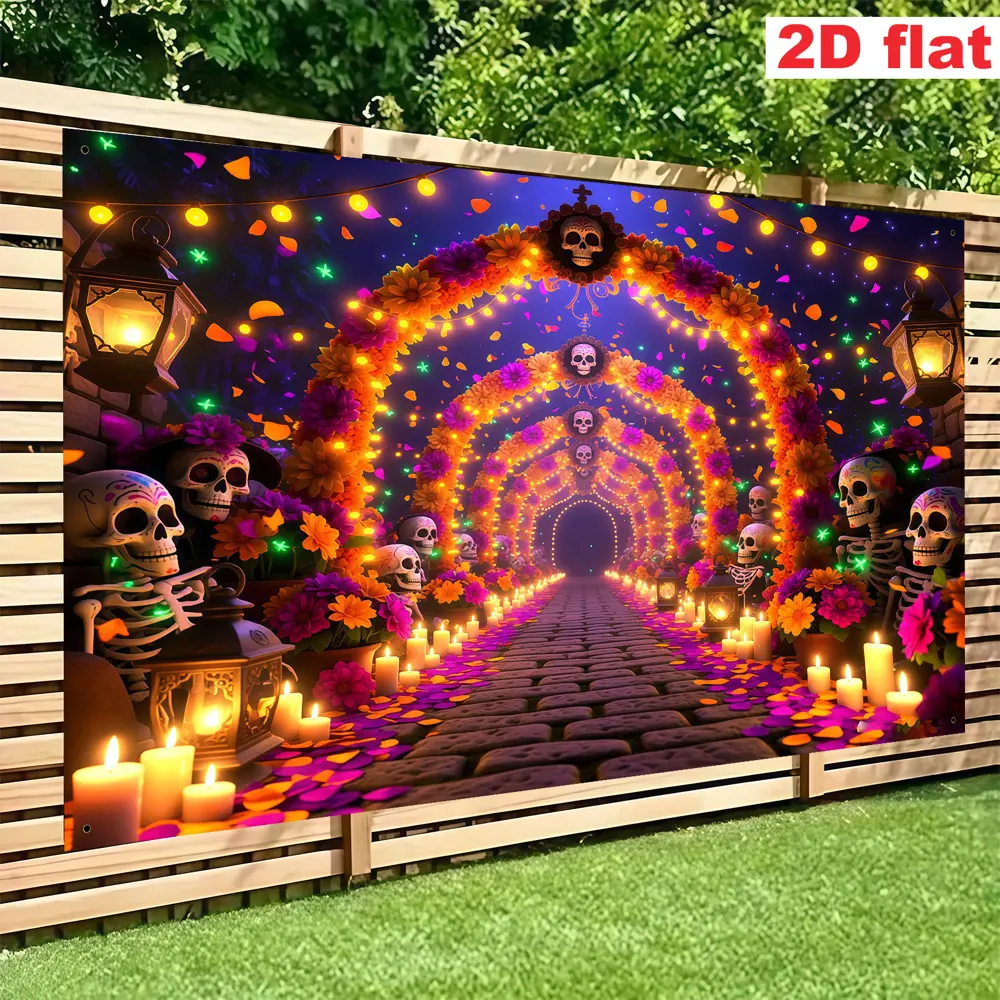 Large 2D Flat Arch Day of the Dead Sugar Skull Polyester Photography Backdrop - HD Print, Soft, Lightweight, Foldable Single-Piece Cloth for Portrait Shots, Indoor Decor, Occasional Outdoor Events