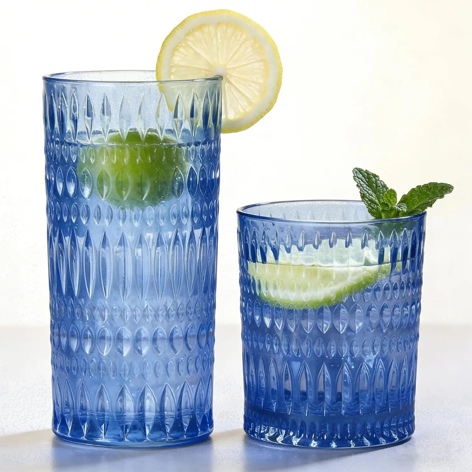 Glassware Drinking Glasses Set of 8, 14 oz Highball Glasses & 10 oz Ribbed Glass Cups, Vintage Glassware for Water, Juice, Cocktail, Whiskey (Blue)