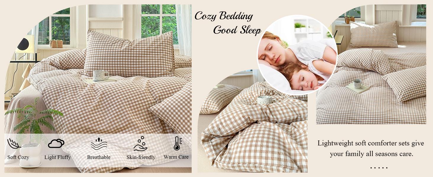 Tan Gingham Comforter Set California King 3 Pieces Plaid Comforter Set Beige Grid Comforter with 2 Pillowcases Soft Checkered Grid Pattern Gingham Bedding Set for All