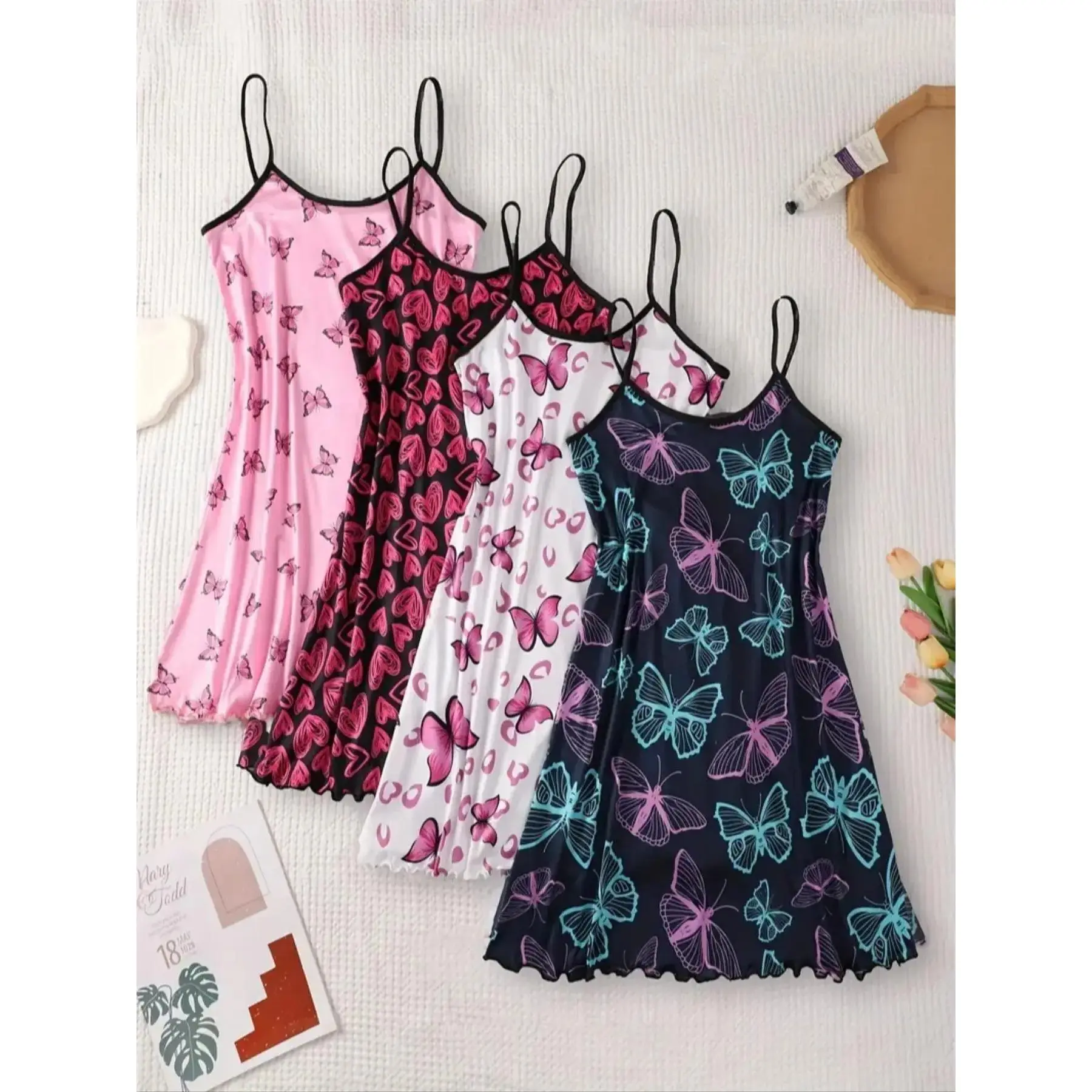 Women's Cute All Over Print Cami Sleeveless Nightdress, Casual Soft Comfortable Spaghetti Strap Nightgown for All Seasons, Lady's Sleepwear & Loungewear for Indoor Wear, Breathable Sleep Dress
