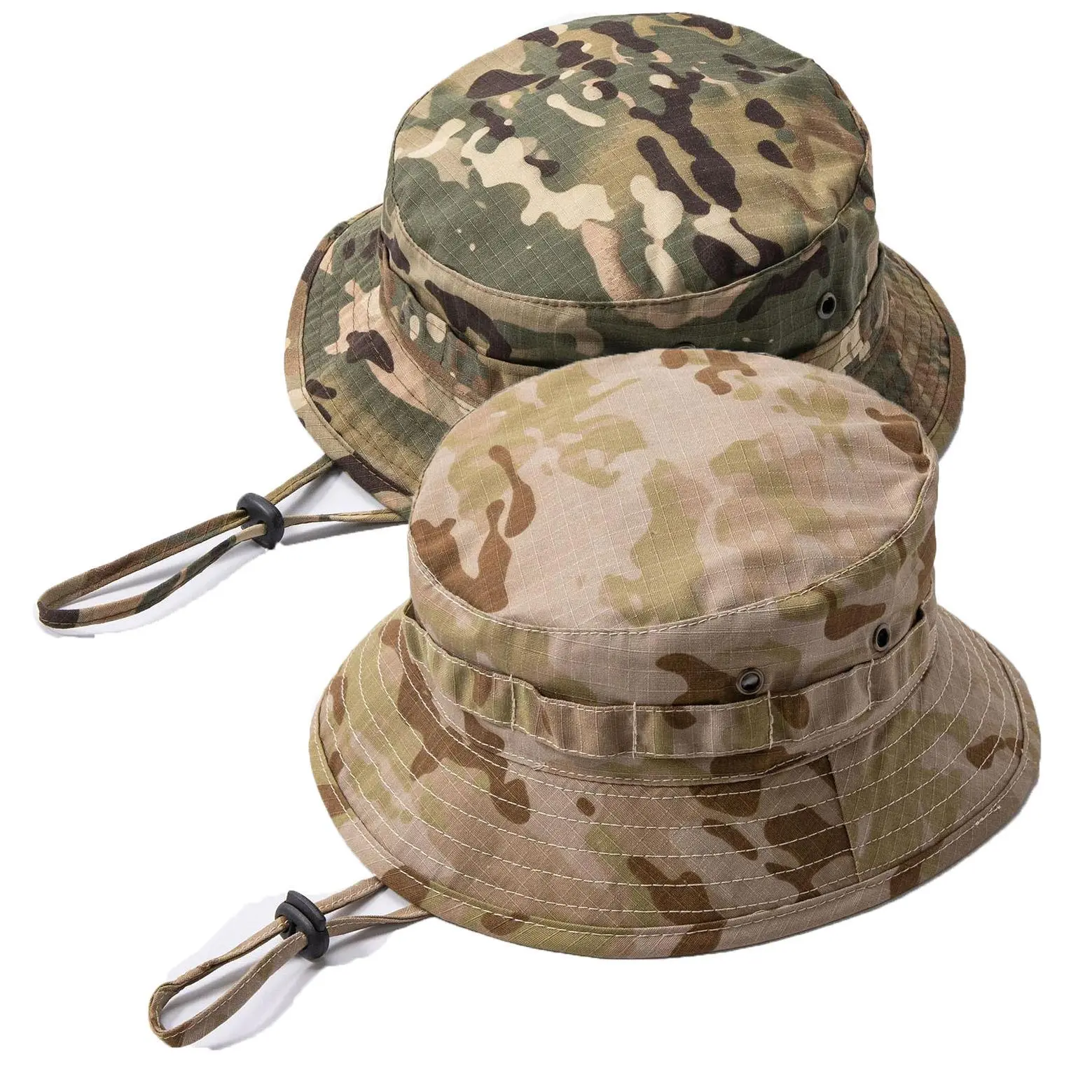 2-pcs Men's Tactical Camo Boonie  - Wide Brim Sun Protection Safari Cap, Breathable Ripstop Outdoor Fishing  with Adjustable Chin Strap for Hunting & Hiking