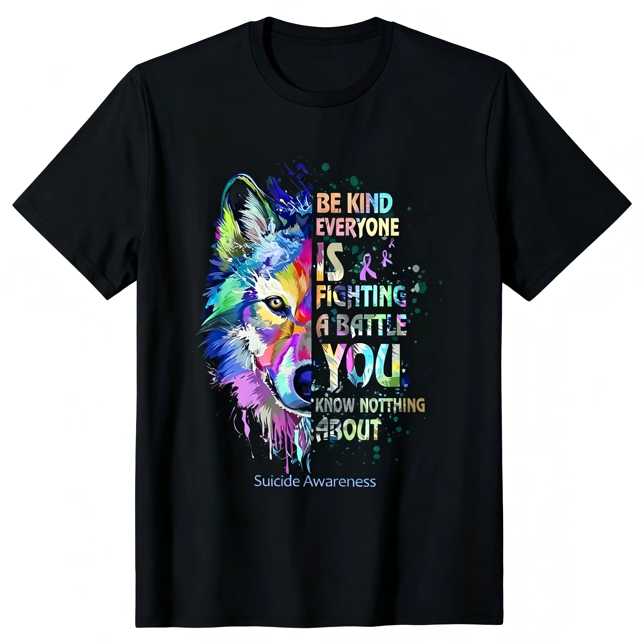 "Be Kind Everyone Is Fighting A Battle" Mental Health T-Shirt for Men & Women - Rainbow Splash Wolf Kindness Graphic, Soft Breathable Cotton Crew Neck, All-Season Summer Spring Casual, Great for Daily Wear & Awareness Style, Machine Washable