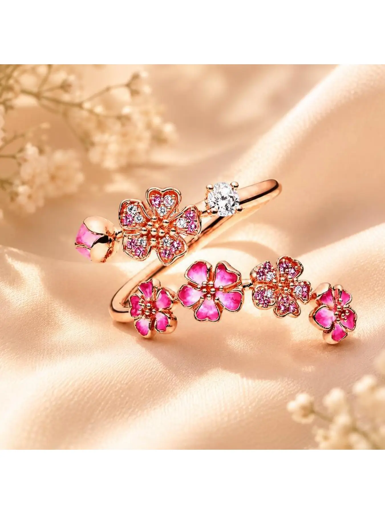 Peach Blossom Cocktail Elegant Ring – Rose Gold Pavé-Set Beaded Ring