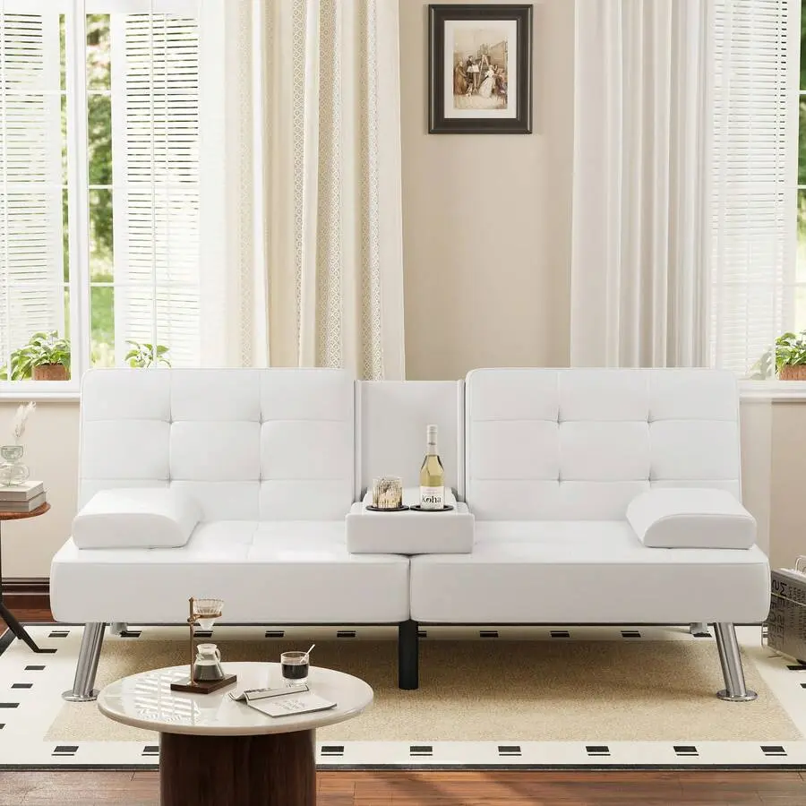 Futon Sofa Bed, Faux Leather Futon With Removable Armrests, Adjustable Recliner Sleeper Sofa Bed With Dual Cup Holders Living Room, Apartment, Office