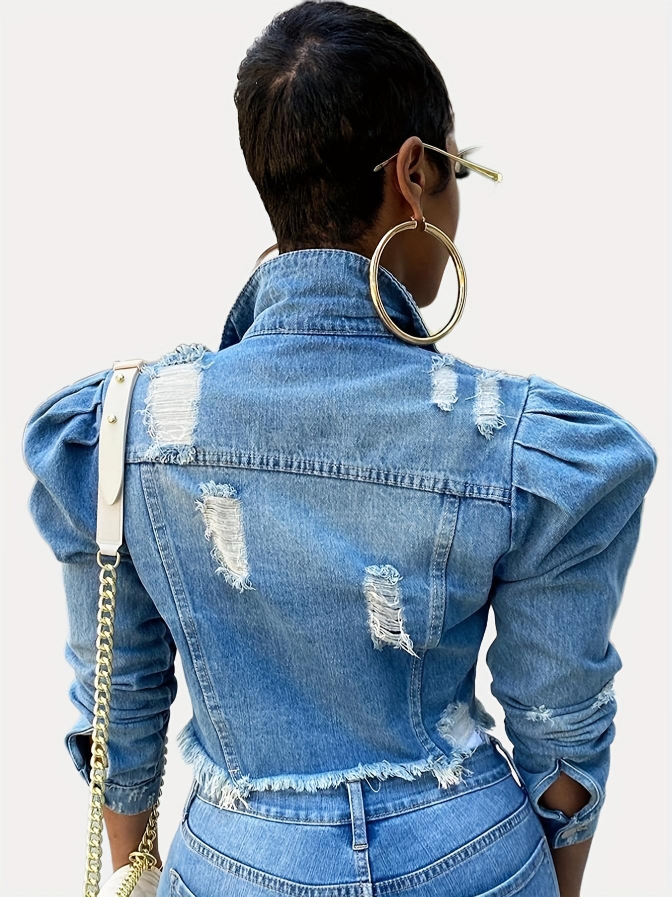 Women Ripped Long Puff Sleeve Button Down Outdoor Activities High Quality Jean Coats For Women S-XXL Women's Oversized Women's Elegant Jacket Outerwear jackets  for Casual Basic