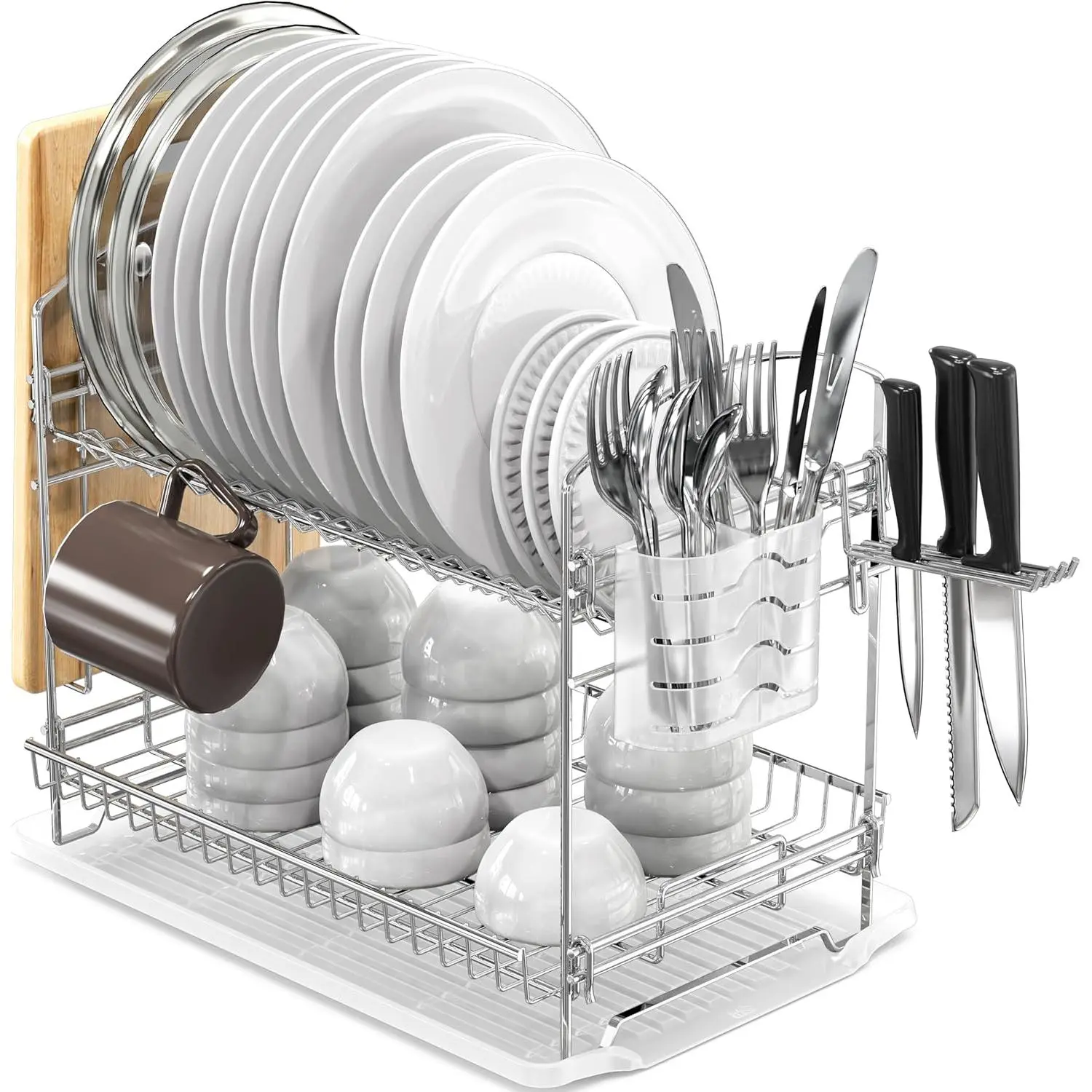 2-Tier Stainless Steel Dish Rack with Drainboard, Chrome for Kitchen