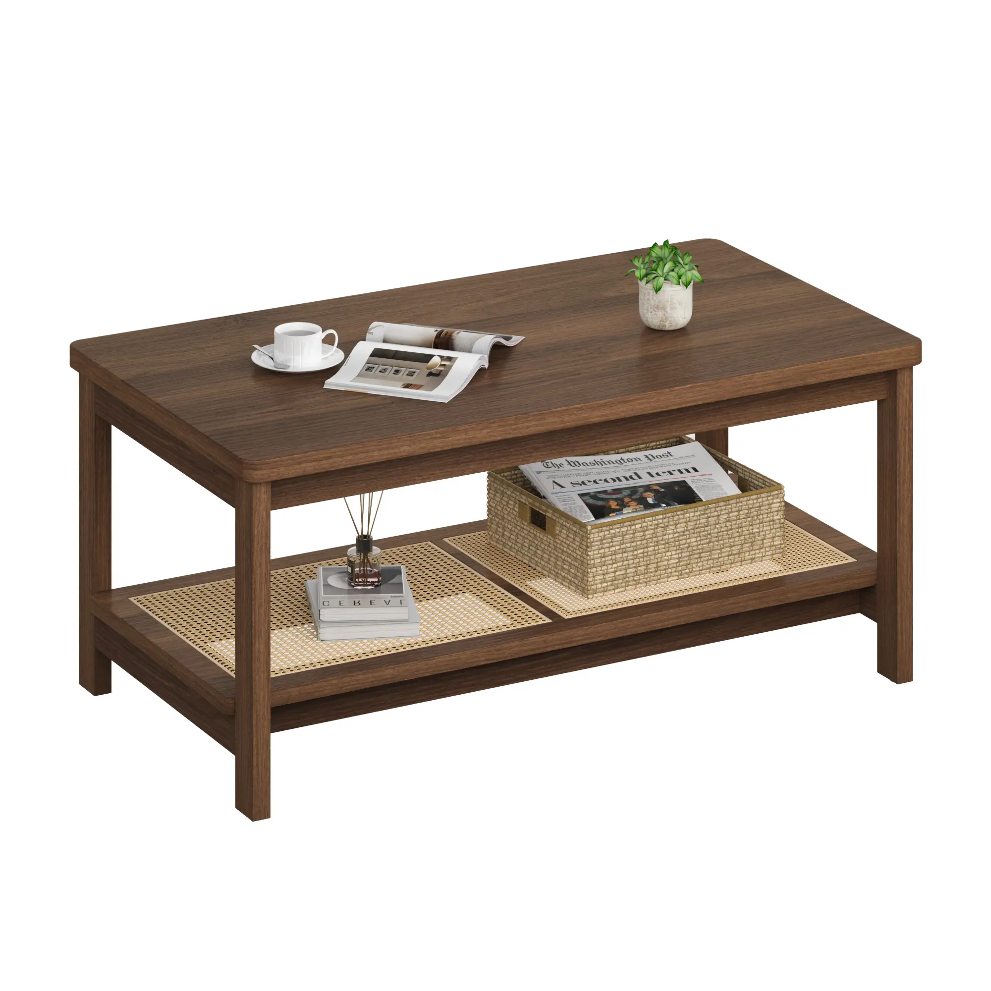2-Tier Coffee Table with Storage,Boho Square Center Table with Open Rattan Shelf, Accent Coffee Table